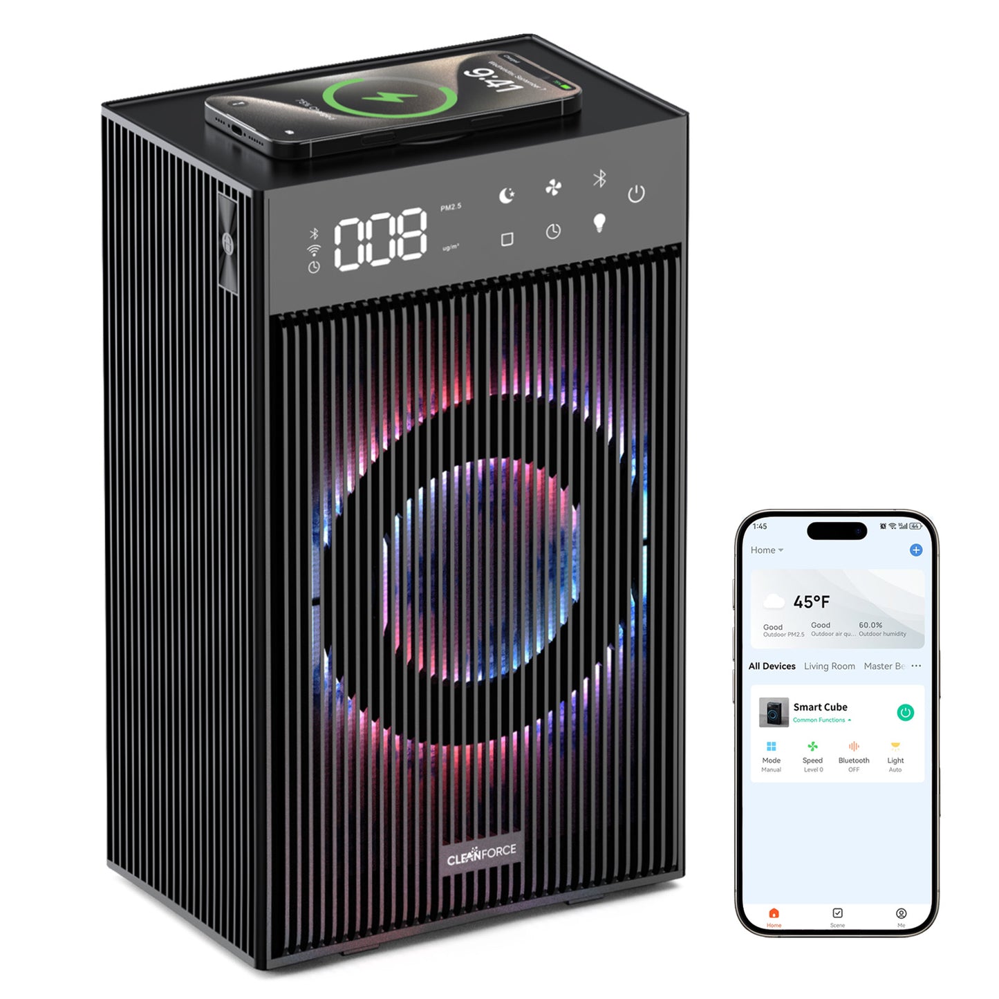 CleanForce Smart Cube | All-in-One Smart Desktop Hub with Advanced Air Purification, 10W Fast Wireless Charging, Immersive Bluetooth Audio & Customizable Ambiance | FCC Certified | Ultra-Quiet Operation