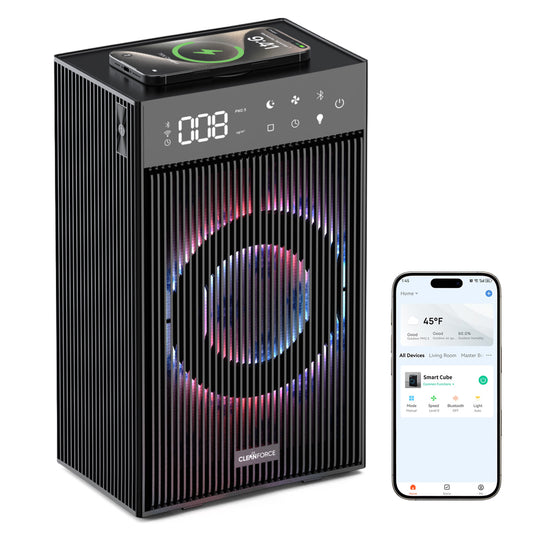 CleanForce Smart Cube | All-in-One Smart Desktop Hub with Advanced Air Purification, 10W Fast Wireless Charging, Immersive Bluetooth Audio & Customizable Ambiance | FCC Certified | Ultra-Quiet Operation