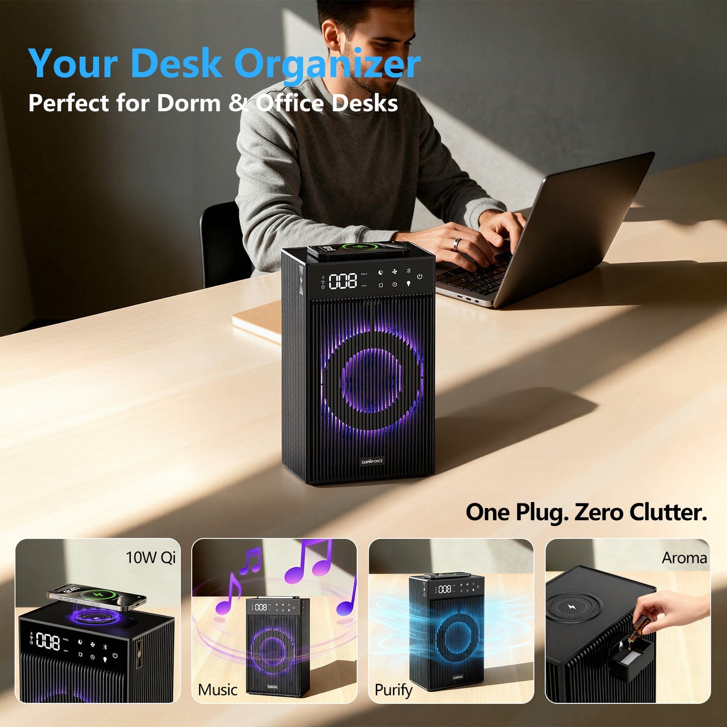 CleanForce Smart Cube | All-in-One Smart Desktop Hub with Advanced Air Purification, 10W Fast Wireless Charging, Immersive Bluetooth Audio & Customizable Ambiance | FCC Certified | Ultra-Quiet Operation