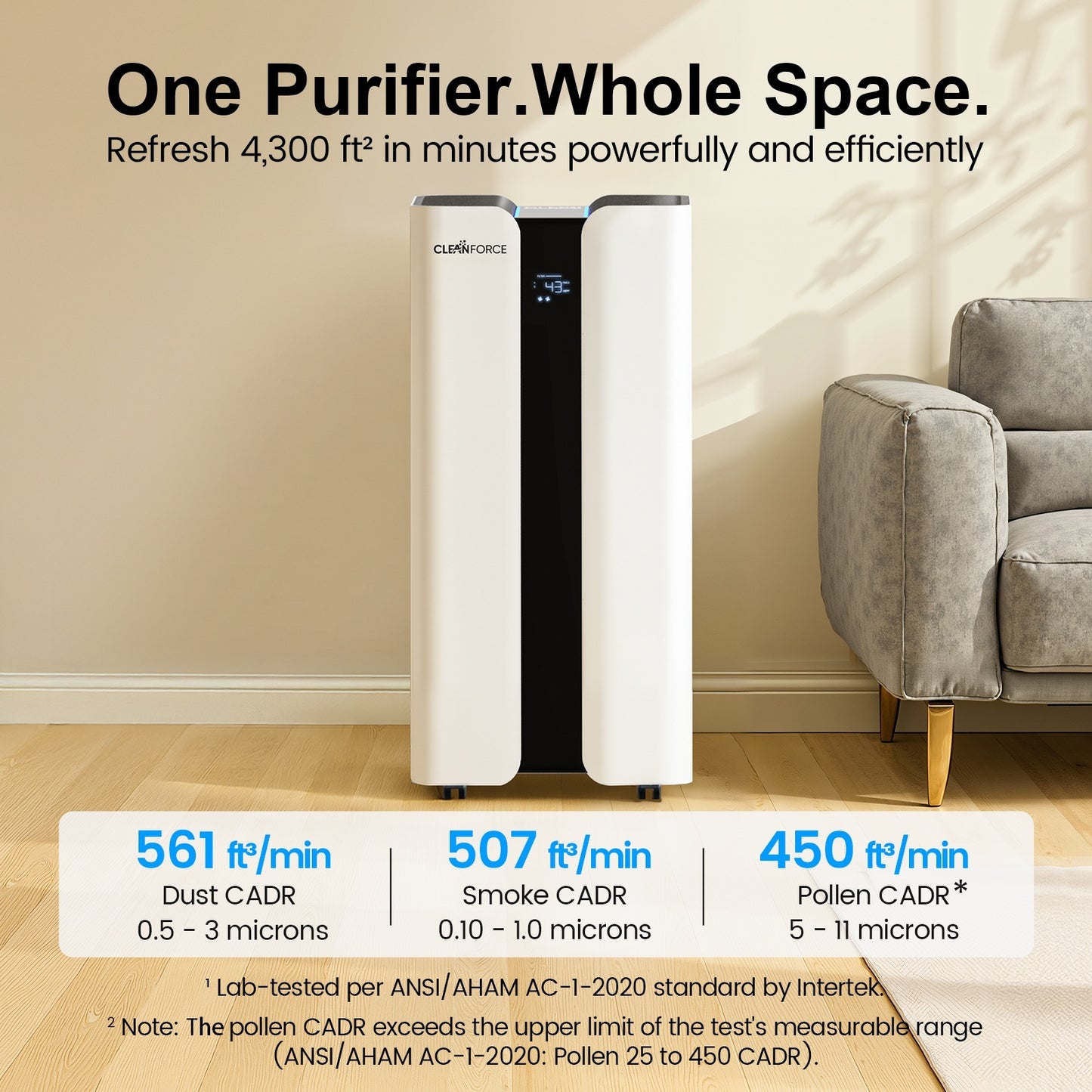 CleanForce Extra Large Air Purifier for Home Large Room, Bedroom, Office & Classroom – H13-Grade HEPA Filtration with Carbon layer, Covers up to 4000 ft², Reduces Dust, Smoke, Pollen & Odors – MEGA1000