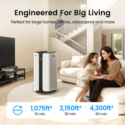 CleanForce Extra Large Air Purifier for Home Large Room, Bedroom, Office & Classroom – H13-Grade HEPA Filtration with Carbon layer, Covers up to 4000 ft², Reduces Dust, Smoke, Pollen & Odors – MEGA1000