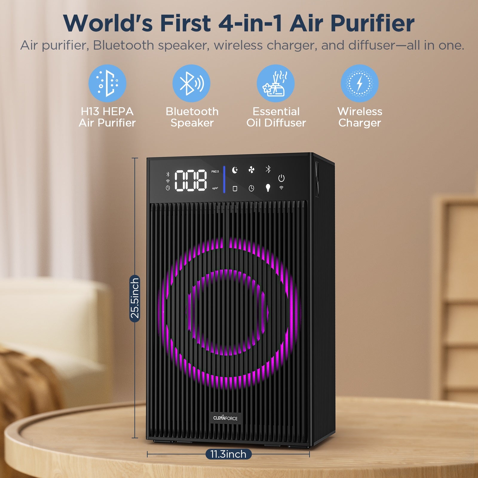 CleanForce Rainbow Cube 4-in-1 Air Purifier, Bluetooth Speaker, Wireless Charger & Aromatherapy Diffuser