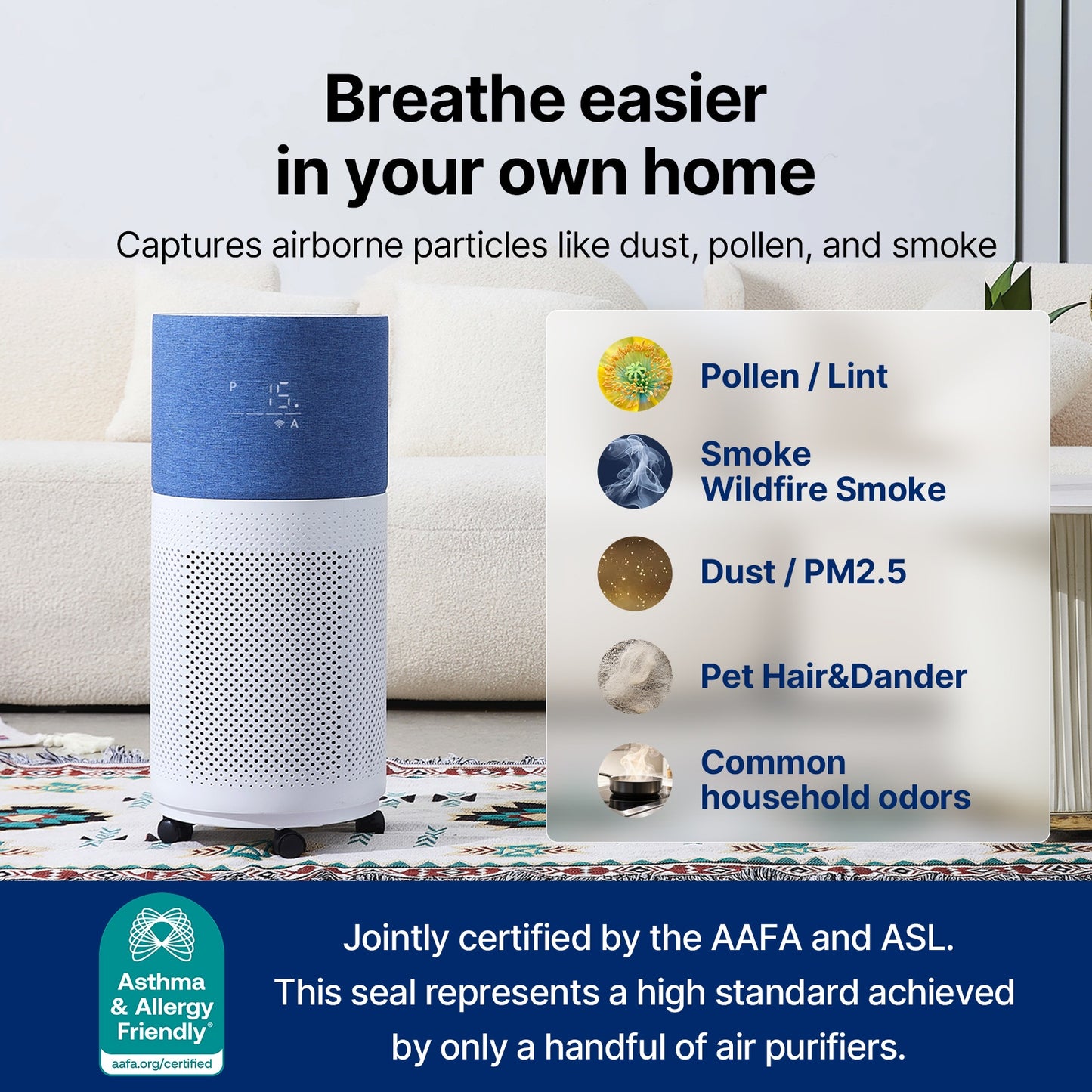 CleanForce HEPA Air Purifier for Home, Covers up to 2250 sq ft, Quiet Operation, Works with Alexa, Voice Control, Rainbow Gray