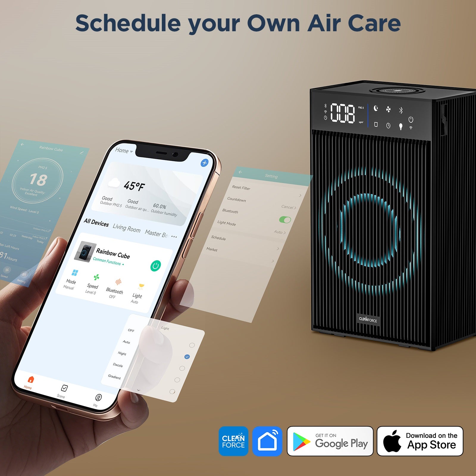 CleanForce Rainbow Cube 4-in-1 Air Purifier, Bluetooth Speaker, Wireless Charger & Aromatherapy Diffuser